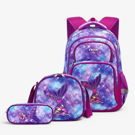 sac à dos ergonomique fille motif sirène violet 3 pièces avec trousse et sac repas