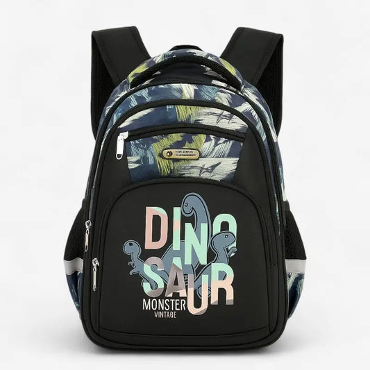 Vue avant du sac à dos ergonomique  noir avec inscription Dinosaur Monster et motifs de dinosaures.