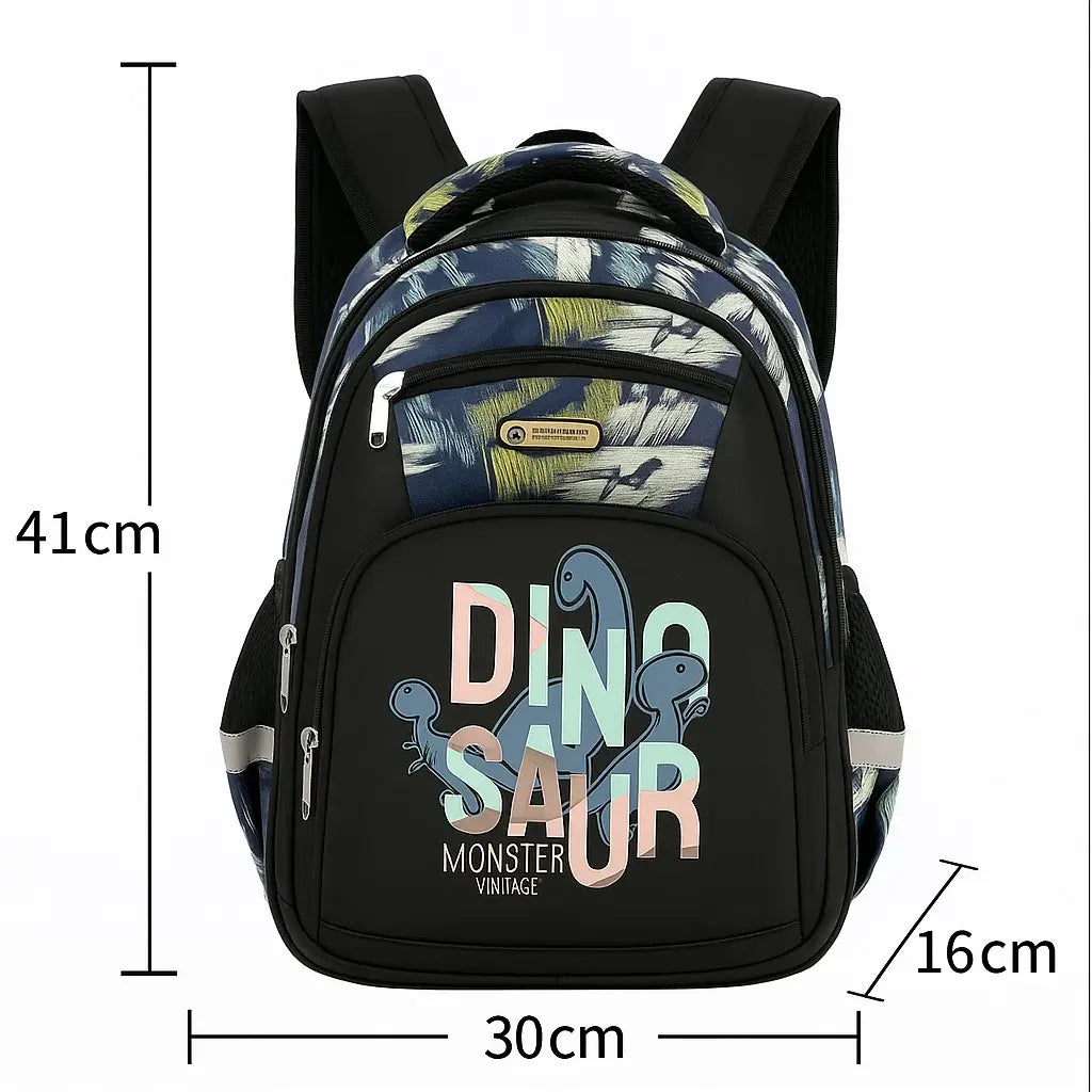 Sac à dos ergonomique  noir à motif dinosaure avec dimensions 41 × 30 × 16 cm affichées.