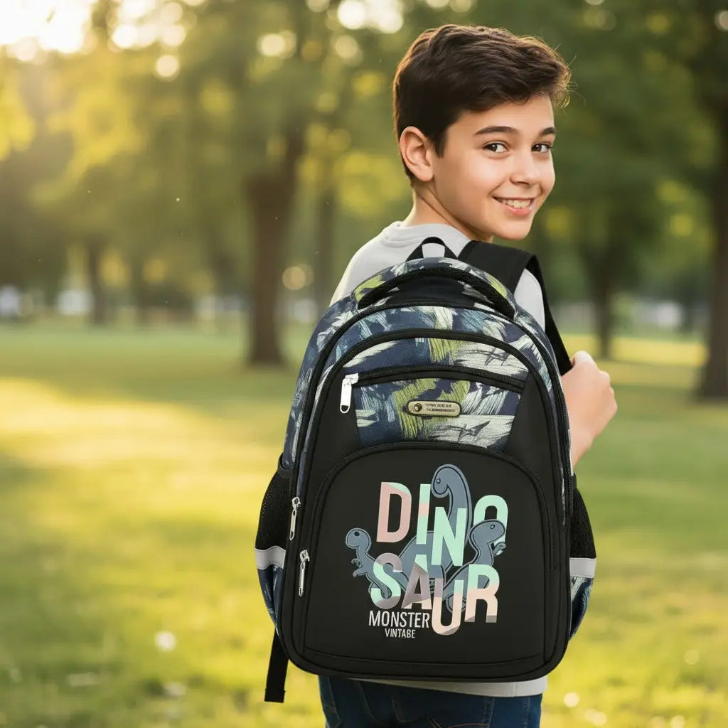 Garçon portant un sac à dos noir à motifs de dinosaures, modèle ergonomique scolaire.