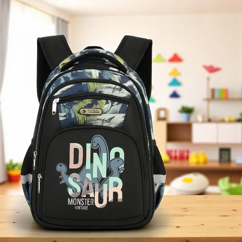 Sac à dos ergonomique  noir avec motifs de dinosaures posé sur un bureau d’école.