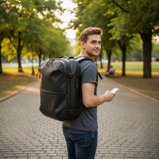 Sac à dos étanche 17 pouces porté sur le dos par un jeune homme dans un parc.