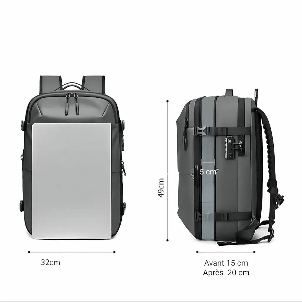 Dimensions du sac à dos étanche 17 pouces extensible jusqu'à 20 cm avec vues avant et côté