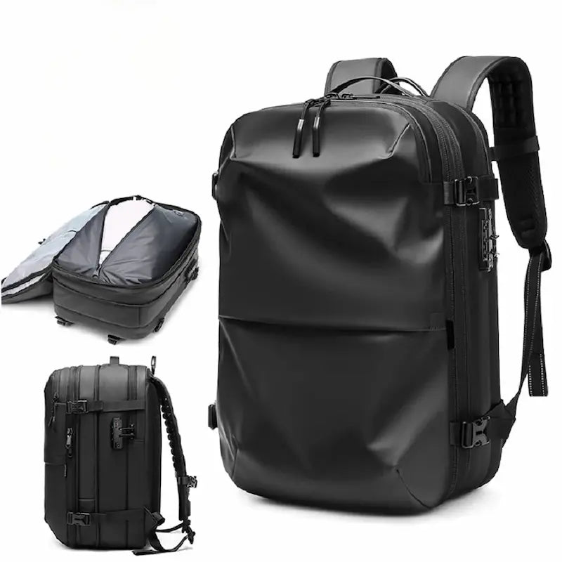 Sac à dos étanche 17 pouces noir avec vue extérieure et intérieur zippé montrant la partie compression