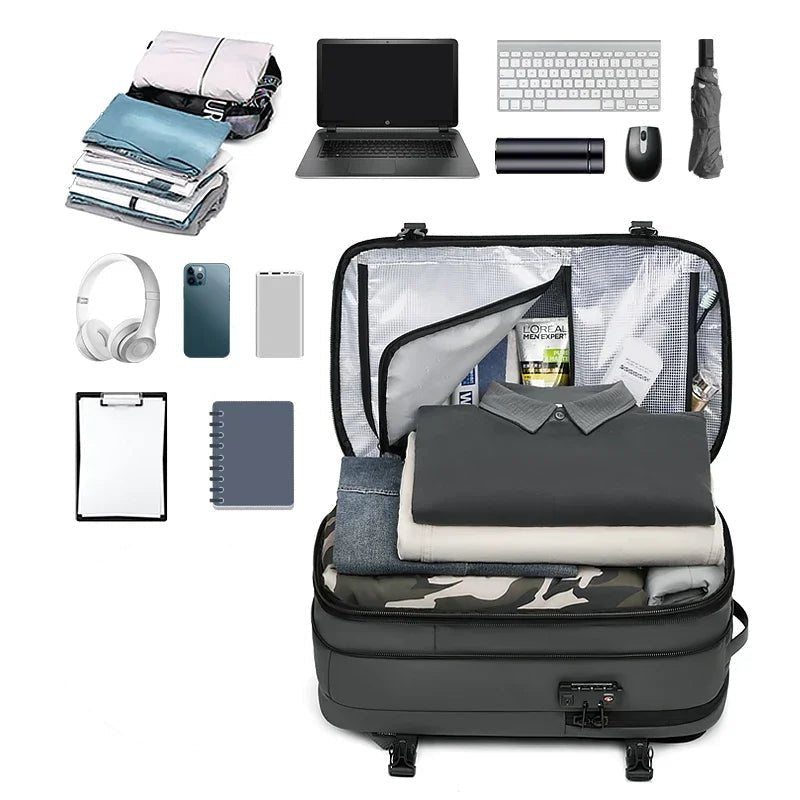 Sac à dos étanche 17 pouces ouvert montrant l’organisation intérieure avec ordinateur, vêtements et accessoires