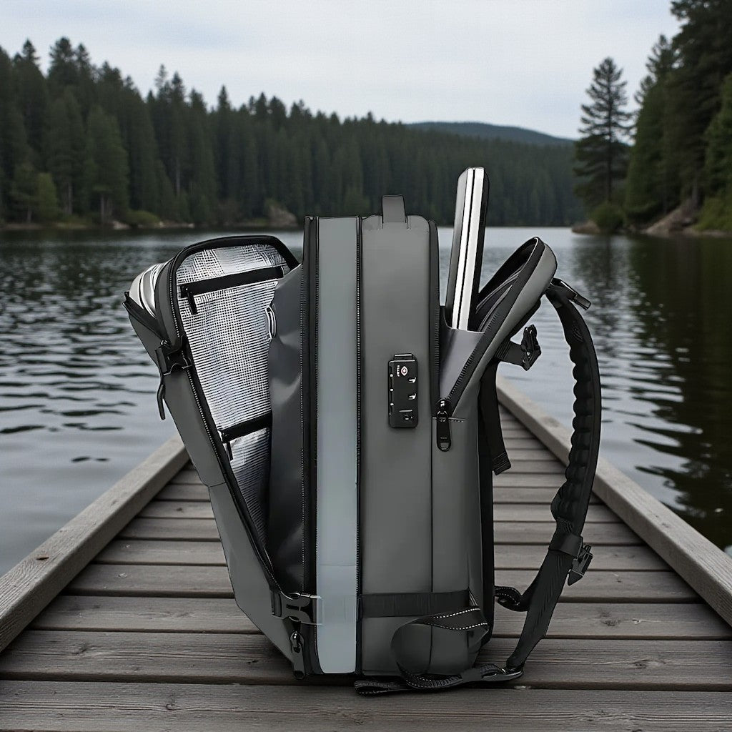 Vue de profil du sac à dos étanche 17 pouces noir avec serrure anti-vol et zip latéral