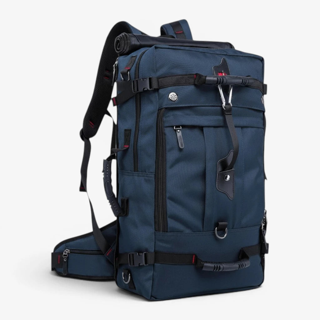 Sac à dos étanche 50L bleu avec housse de pluie, mousqueton et antivol à combinaison
