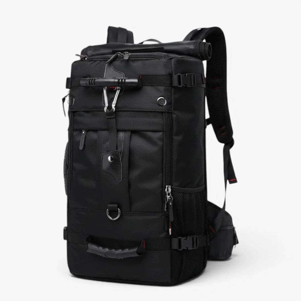 Sac à dos étanche 50L noir avec housse de pluie et accessoires de sécurité