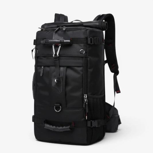 Sac à dos étanche 50L noir avec housse de pluie et accessoires de sécurité