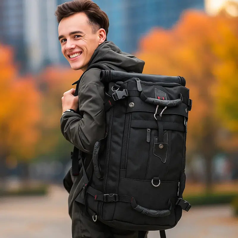 Sac à dos étanche 50L noir porté en extérieur pour randonnée et voyage