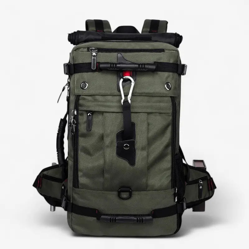 Sac à dos étanche 50L vert pour randonnée et voyage avec sangles et mousqueton