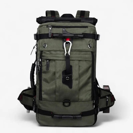 Sac à dos étanche 50L vert pour randonnée et voyage avec sangles et mousqueton