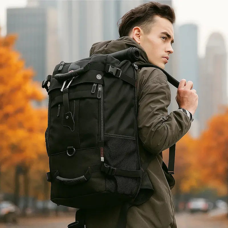 Sac à dos étanche 50L vert porté en extérieur pour randonnée et trekking