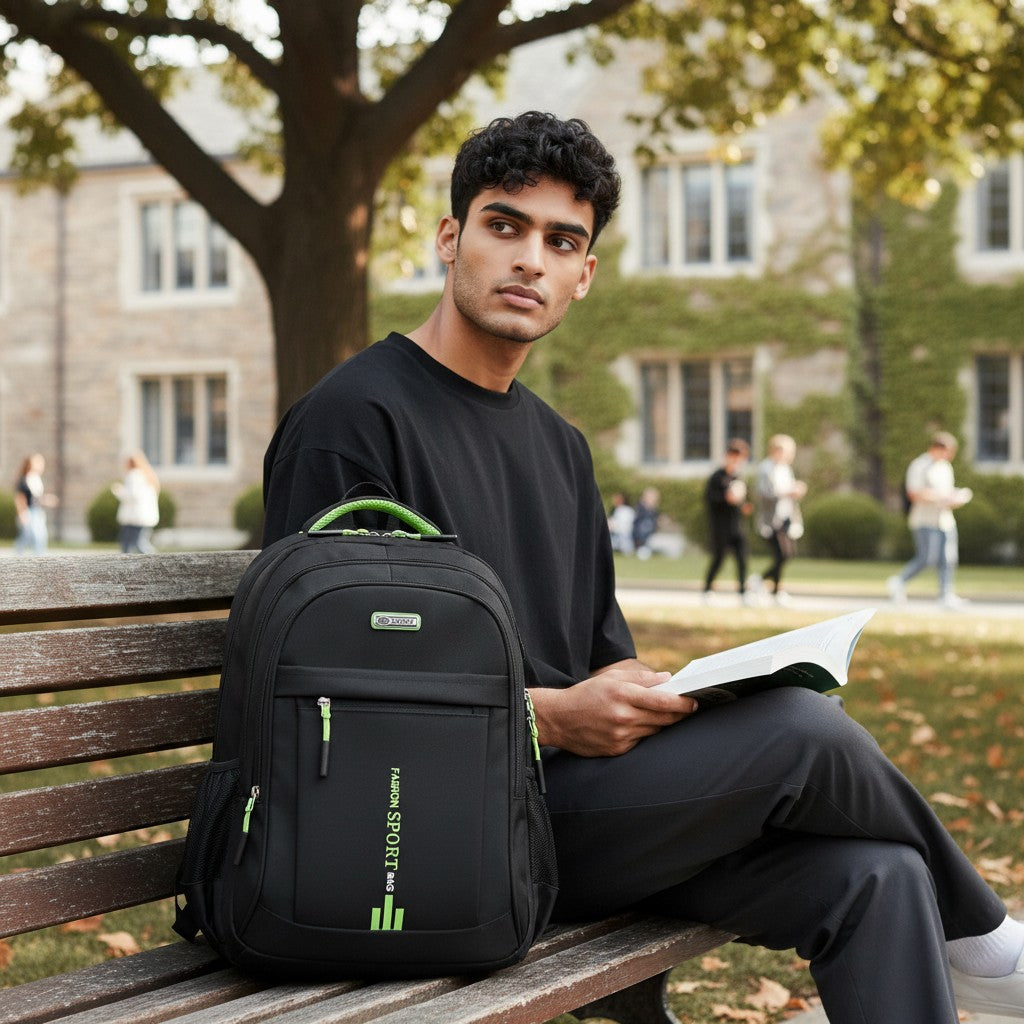 Sac à dos étudiant noir porté assis sur un banc de campus