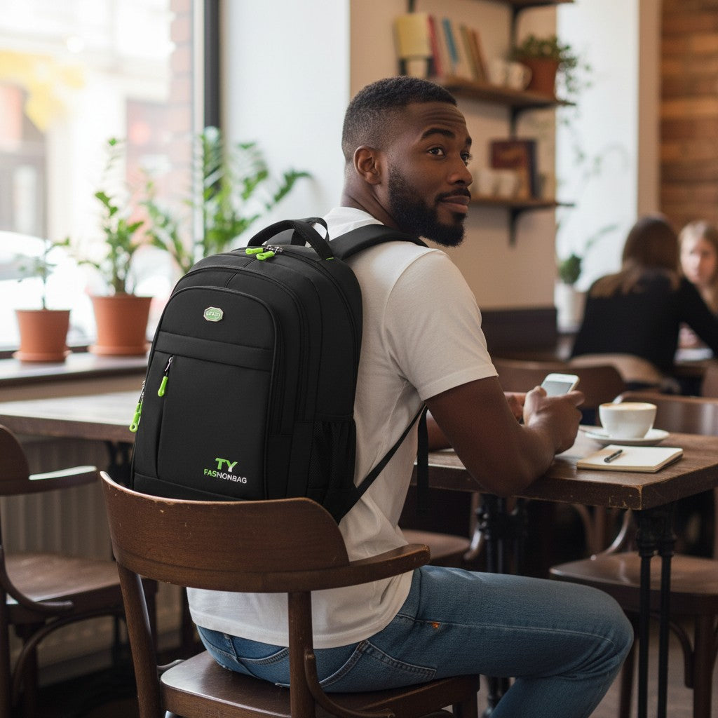 Sac à dos étudiant noir porté en intérieur de café