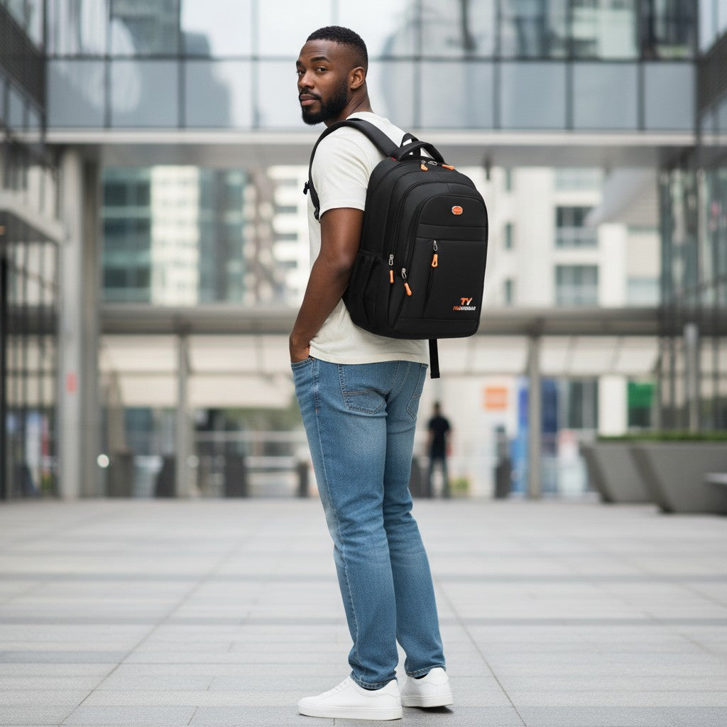 Sac à dos étudiant noir porté en déplacement urbain