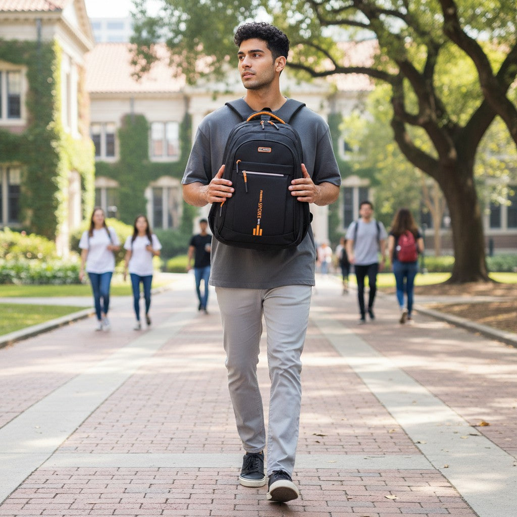 Sac à dos étudiant noir porté en marchant sur un campus