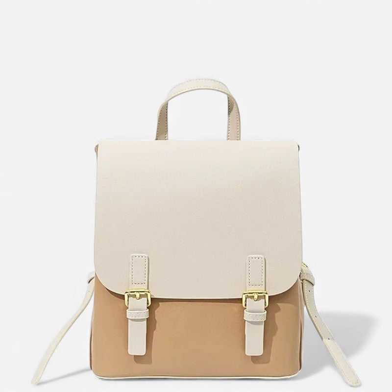 Sac à dos femme beige et camel avec rabat et boucles métalliques