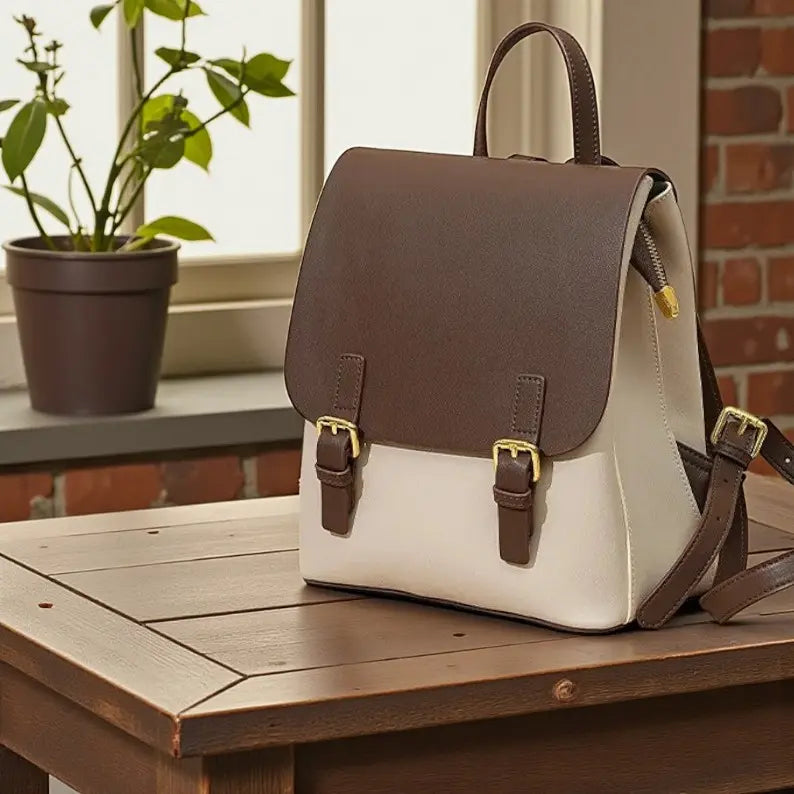 Sac à dos bicolore marron et beige posé sur une table en intérieur