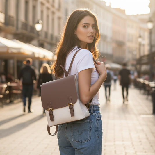Femme marchant en ville portant un sac à dos bicolore avec rabat marron