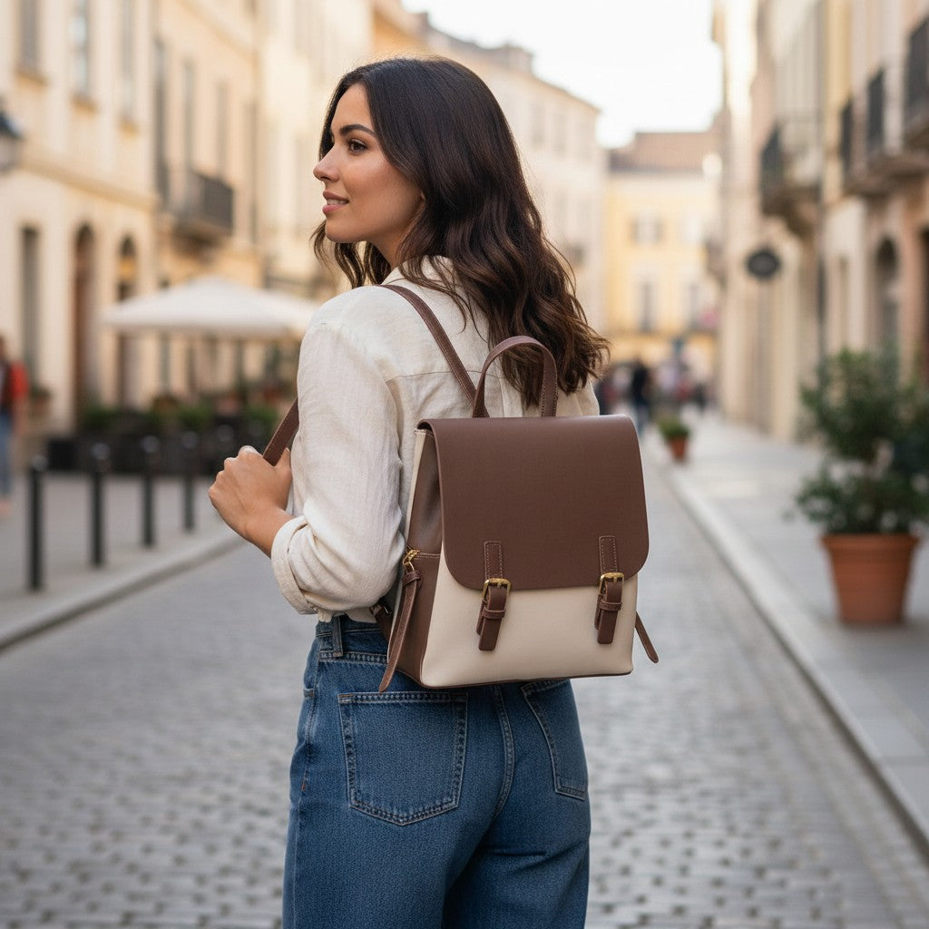 Femme de dos portant un sac à dos bicolore avec rabat marron en pleine rue