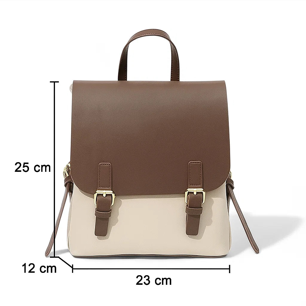 Sac à dos femme bicolore avec rabat marron et double boucles métalliques dimension 25x12x23 cm