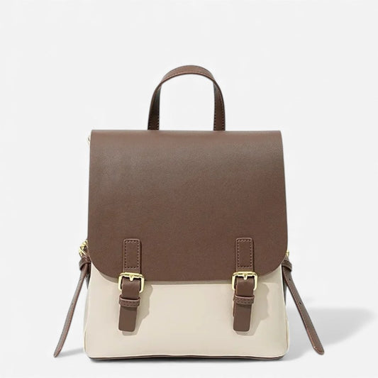 Sac à dos femme bicolore avec rabat marron et double boucles métalliques