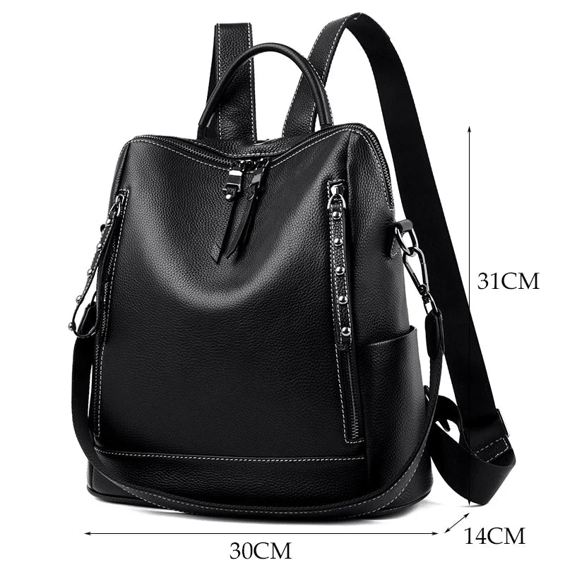 vue avant sac à dos femme cuir noir avec dimensions 30 x 14 x 31 cm