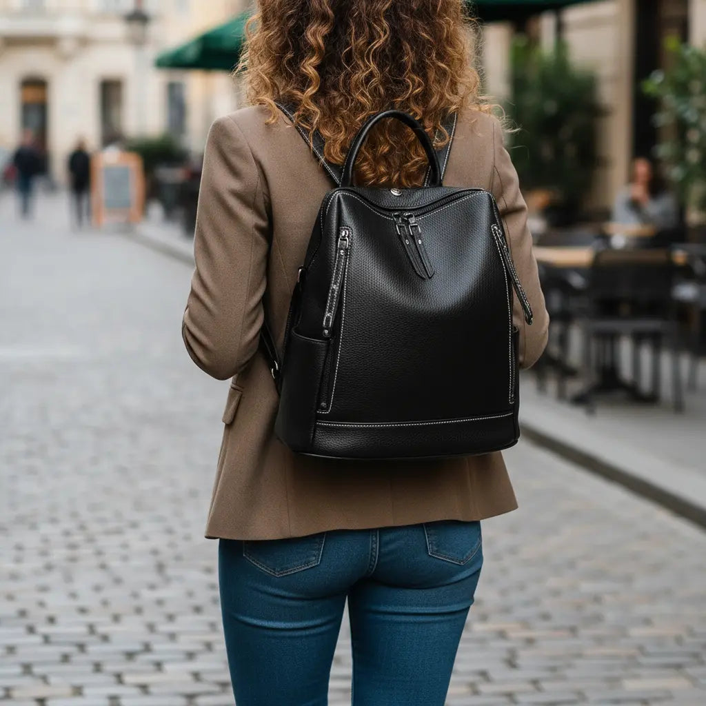 Sac à dos femme en cuir noir porté sur le dos en extérieur