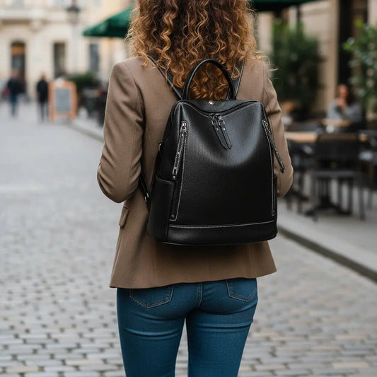 Sac à dos femme en cuir noir porté sur le dos en extérieur