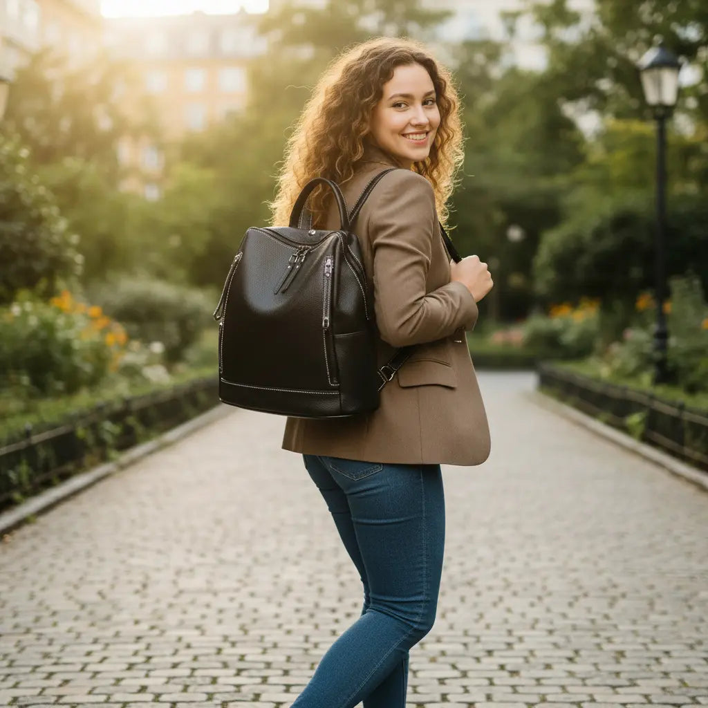 Sac à dos femme en cuir noir porté au quotidien en milieu urbain