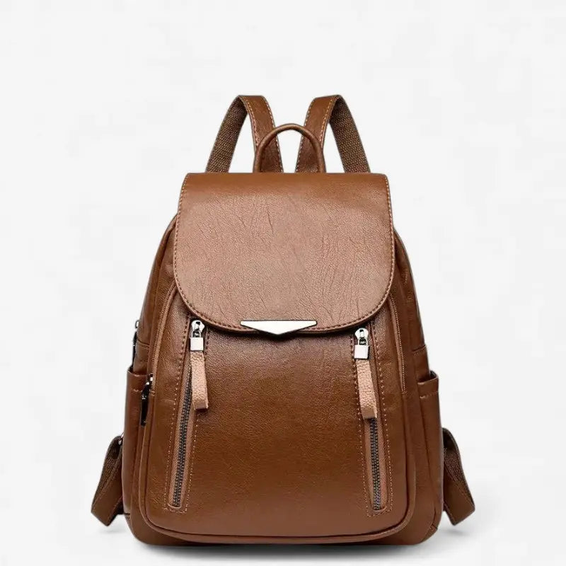 Sac à dos femme en cuir synthétique marron avec rabat et poches zippées