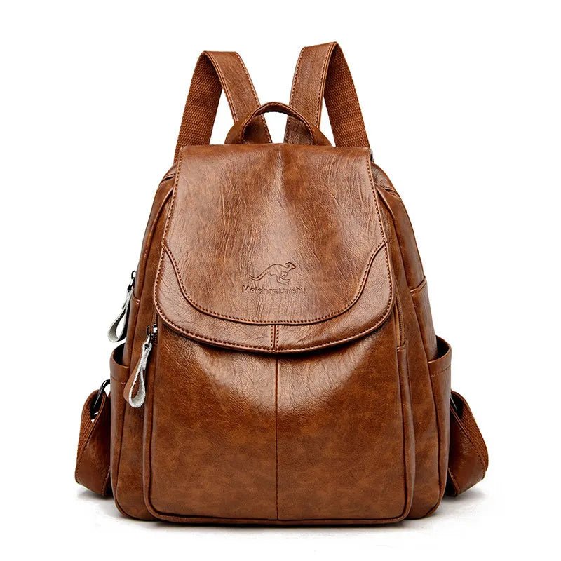 Sac à dos femme en cuir synthétique marron souple avec poches latérales et fermeture zippée
