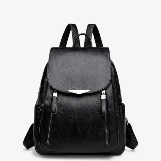 Sac à dos femme en cuir synthétique noir avec rabat et poches zippées