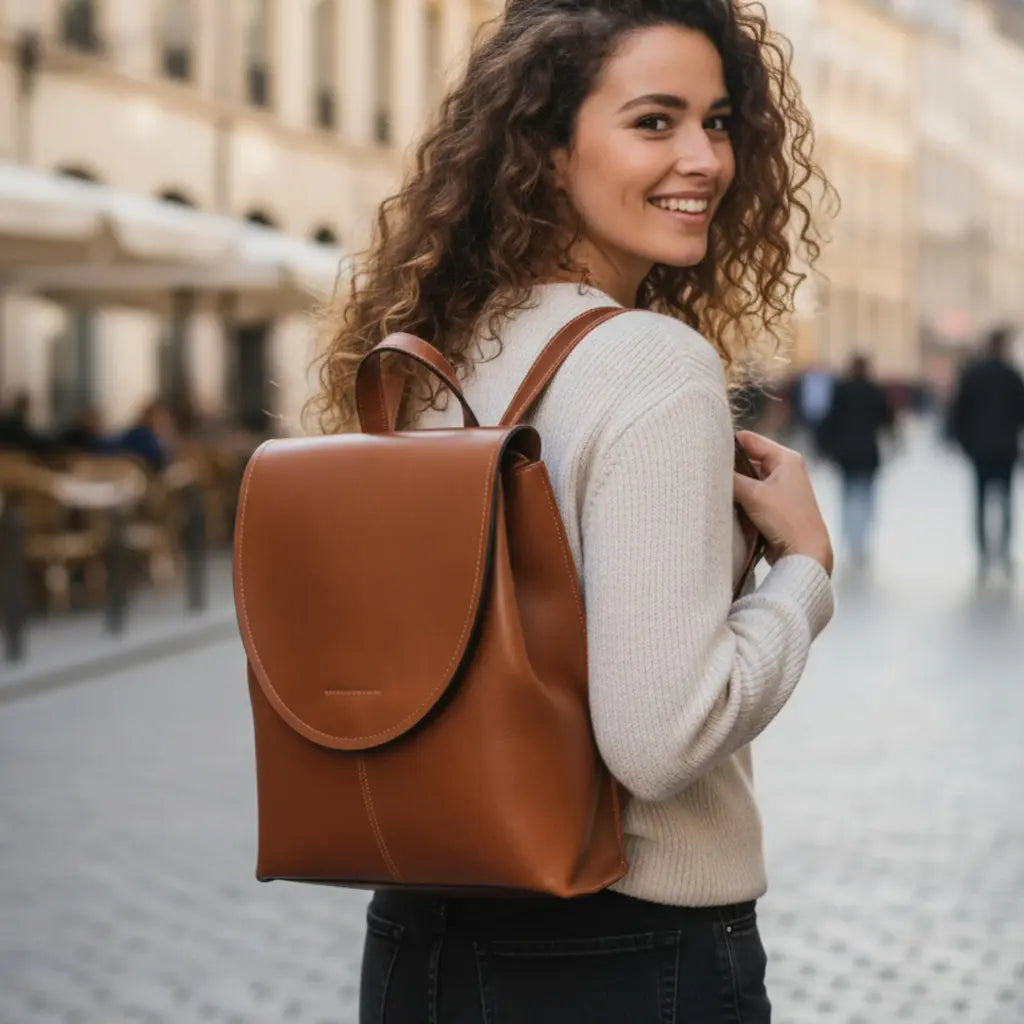 Sac à dos femme en cuir de vachette marron ciré porté au dos