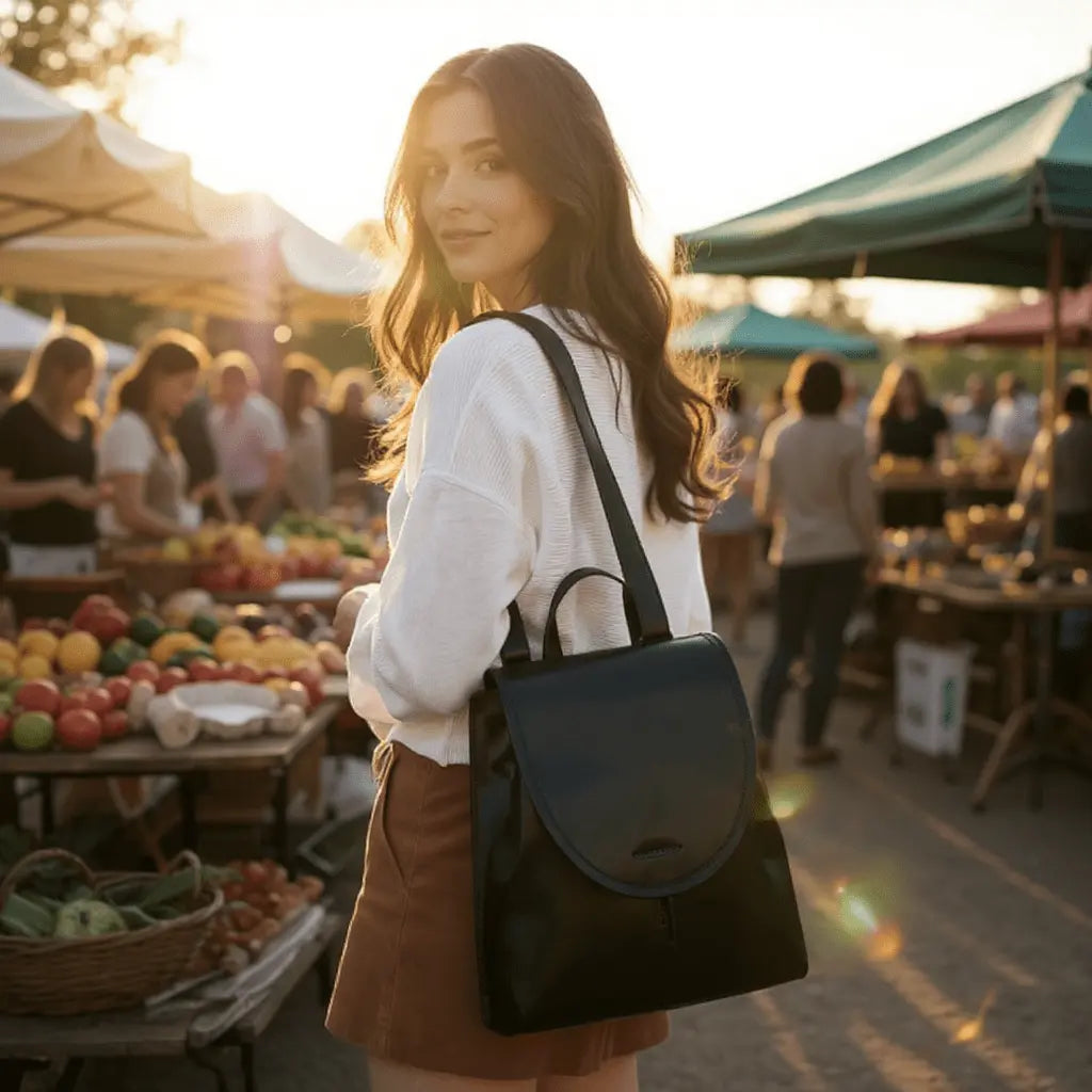 Sac à dos femme en cuir de vachette noir porté en bandoulière avec bretelles ajustables