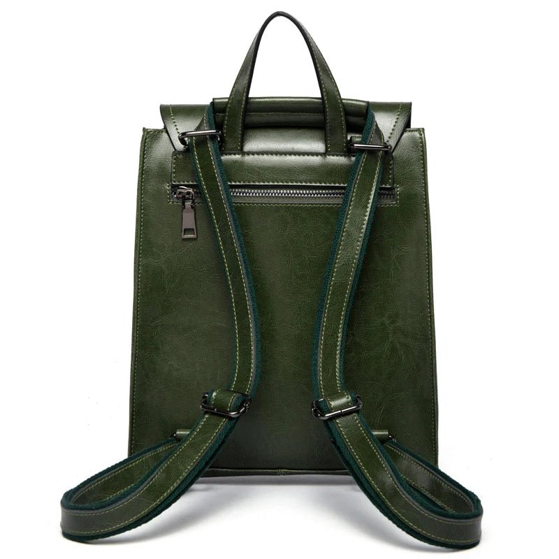 Sac à dos femme en cuir de vachette vert avec vue arrière et poche zippée