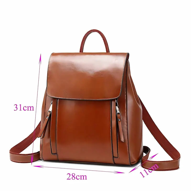 Sac à dos femme en cuir véritable marron avec dimensions 31 cm de hauteur et 28 cm de largeur