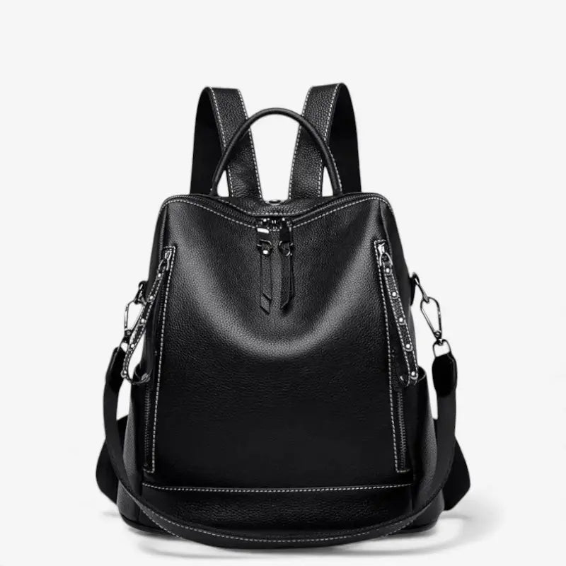 sac à dos femme en cuir véritable noir avec doubles fermetures éclair et poche antivol arrière