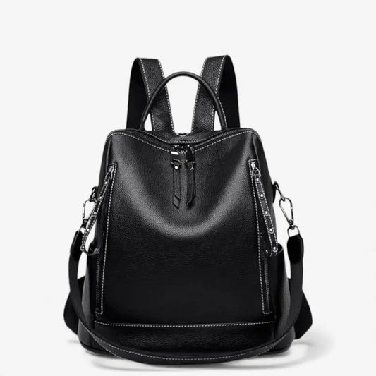 sac à dos femme en cuir véritable noir avec doubles fermetures éclair et poche antivol arrière