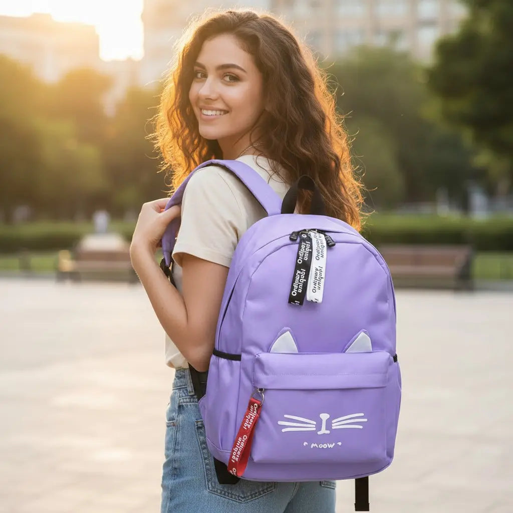 Sac à dos fille violet avec oreilles de chat porté sur le dos