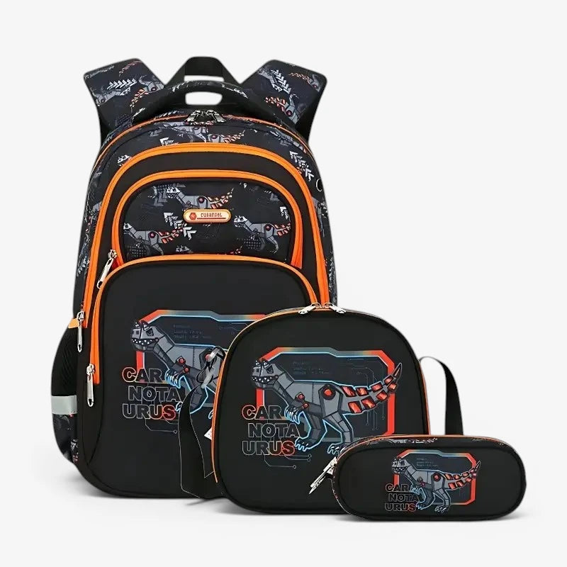 Sac à dos garçon Carnotaurus 3 pièces ergonomique noir et orange