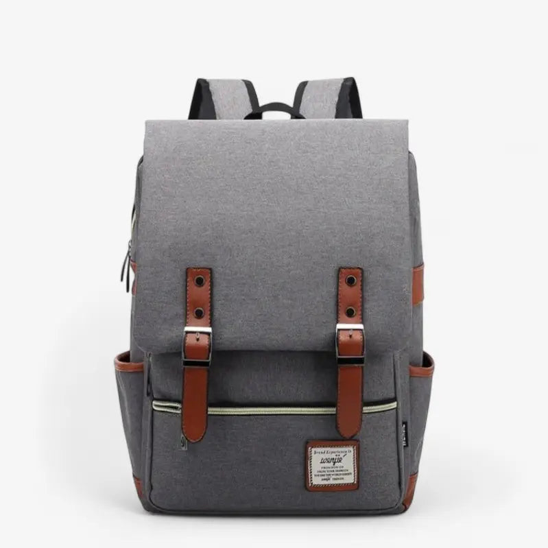 Sac à dos gris unisexe pour lycée ou travail avec détails marron