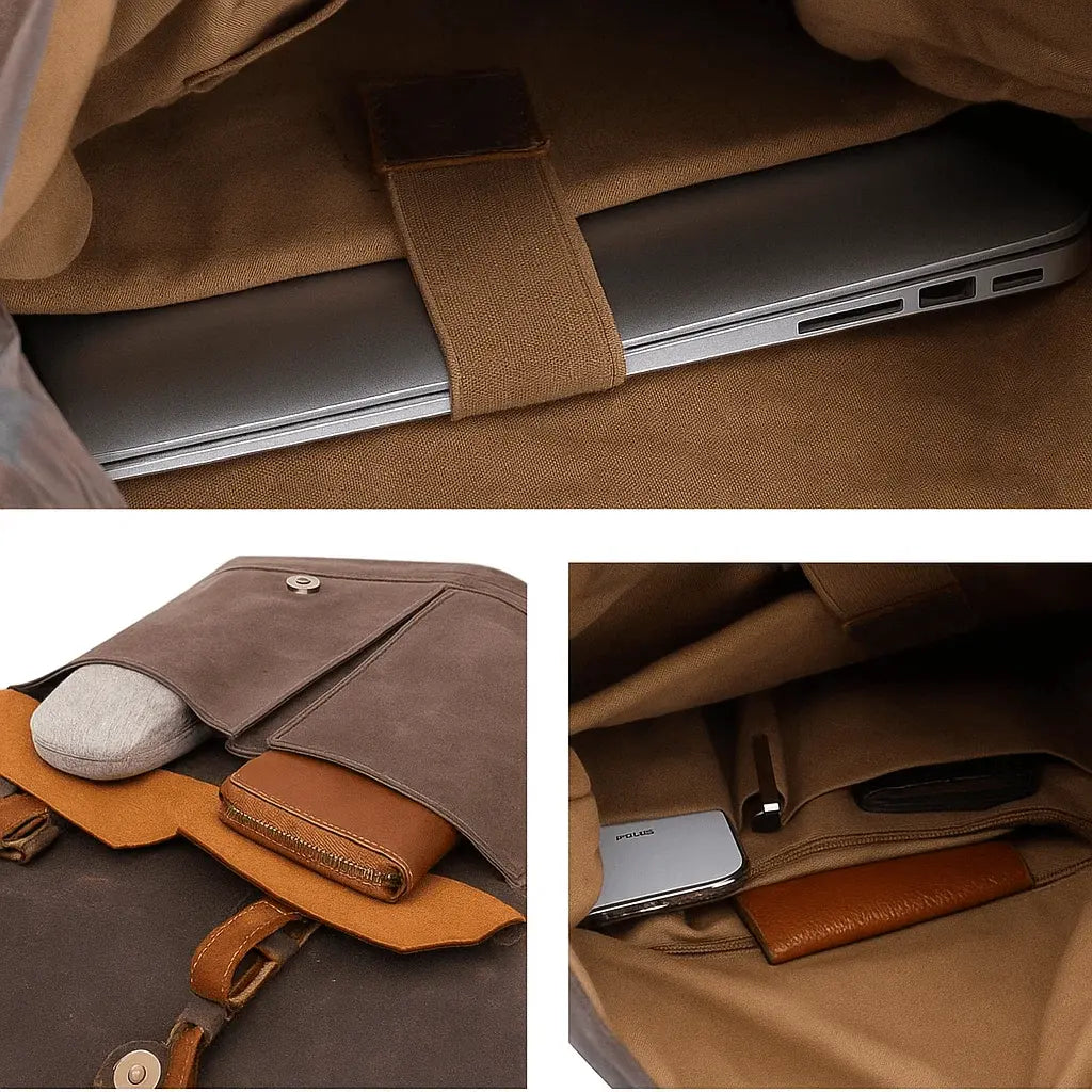 Compartiment intérieur du sac à dos homme en cuir Crazy Horse avec espace rembourré pour ordinateur portable.