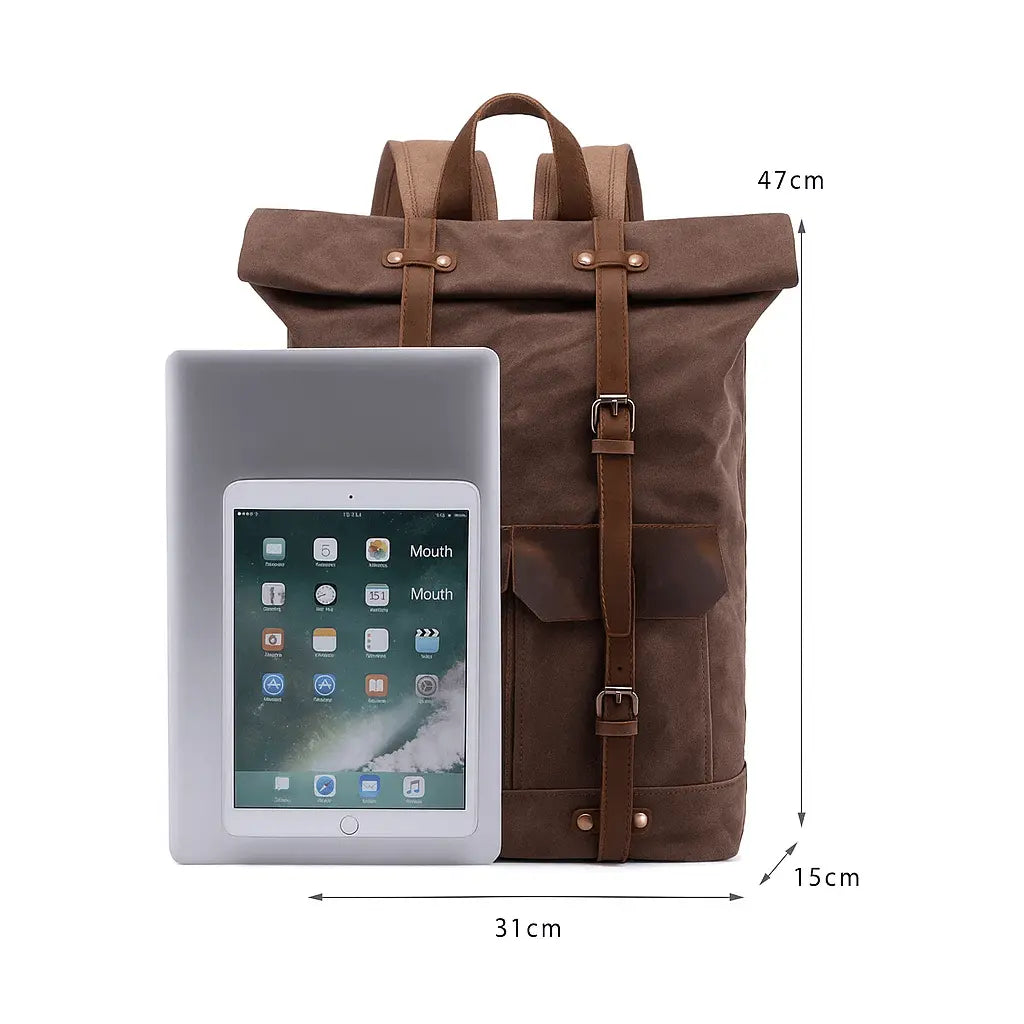 Dimensions du sac à dos homme en cuir Crazy Horse montrant la hauteur et la largeur avec compartiment tablette.