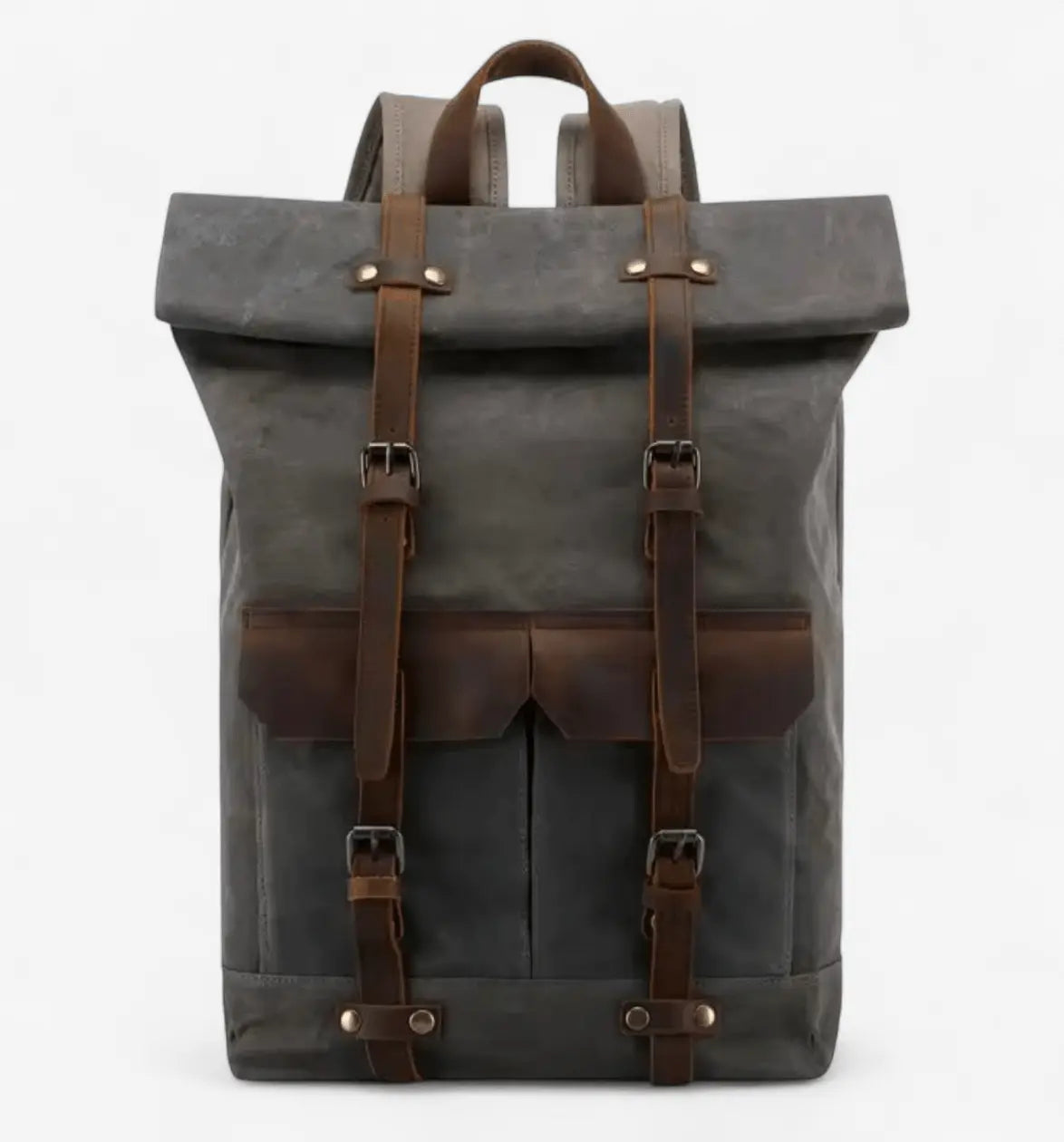 Vue arrière du sac à dos homme en cuir Crazy Horse vert armée avec bretelles réglables.