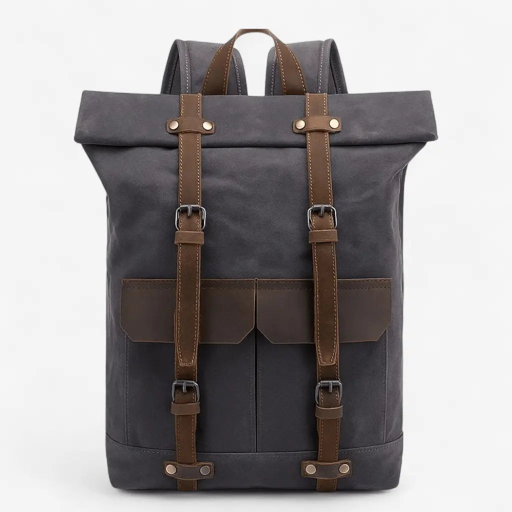Sac à dos homme en cuir Crazy Horse gris avec rabat et boucles en cuir, style rétro.