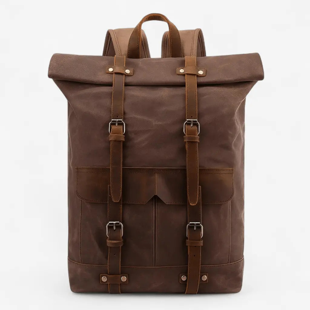 Sac à dos homme en cuir Crazy Horse marron avec rabat et sangles ajustables, style vintage rétro.