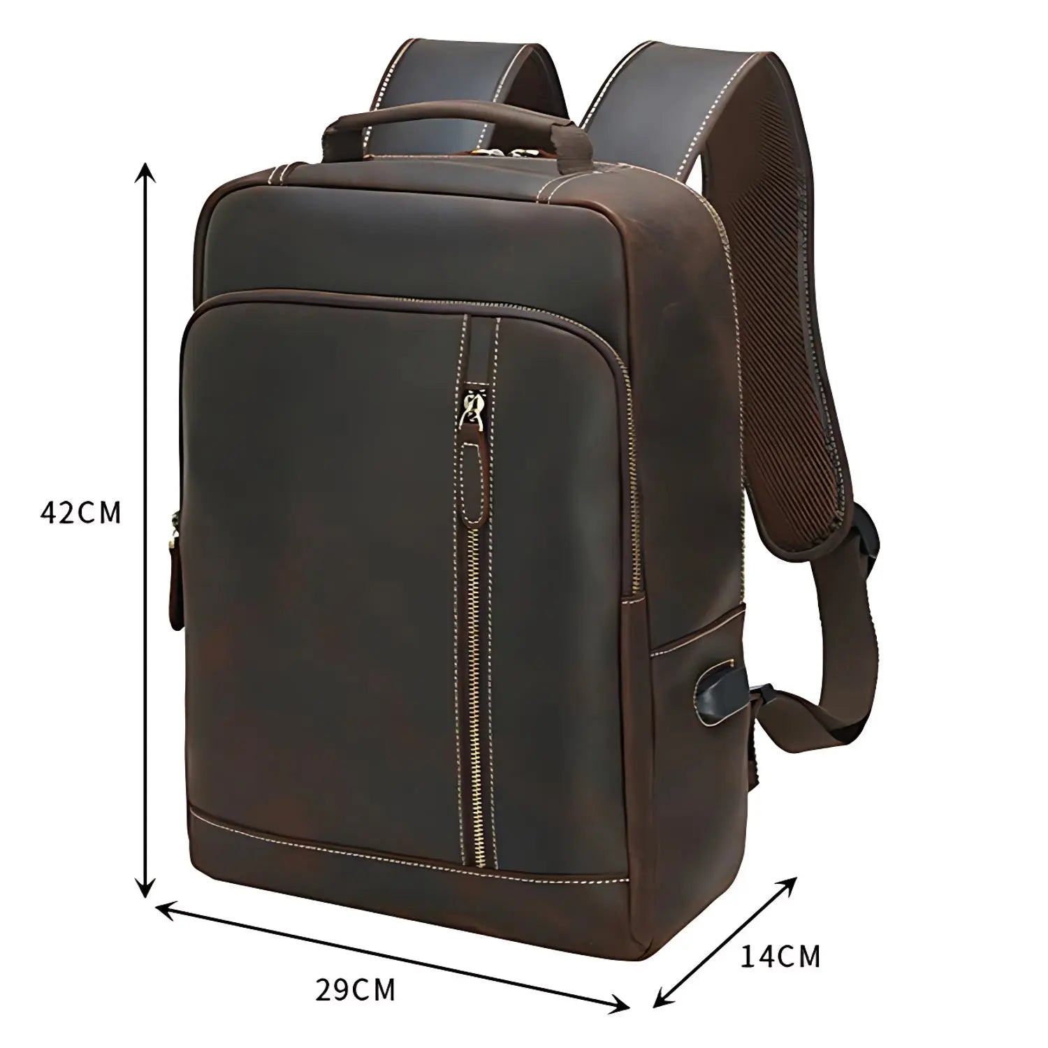Dimensions du sac à dos homme en cuir marron : 42 × 29 × 14 cm – format idéal pour ordinateur portable et documents A4