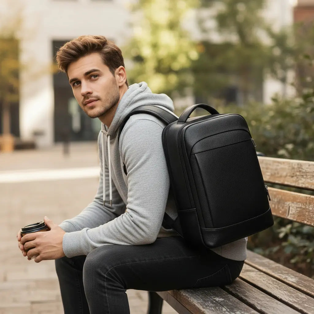 Homme  portant un sac à dos en cuir noir  assis sur un banc décontracté